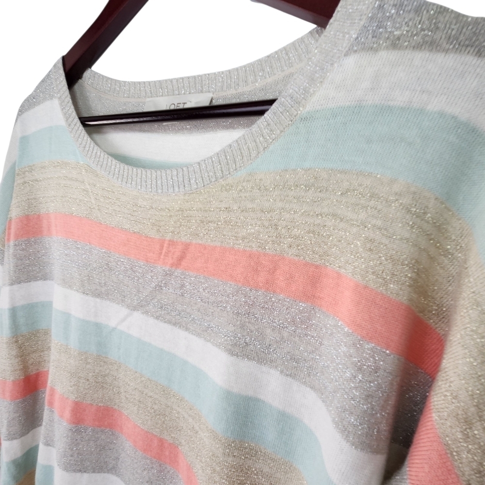 LOFT Pastel Striped Crew Neck Sweater Size L Lightweight Shimmer Tan, Pink, Grey - Picture 5 of 10